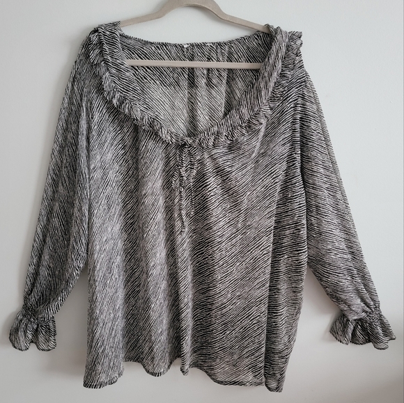 Ruffle Collared Deep V Long Sleeve Blouse Plus Size - Picture 1 of 10